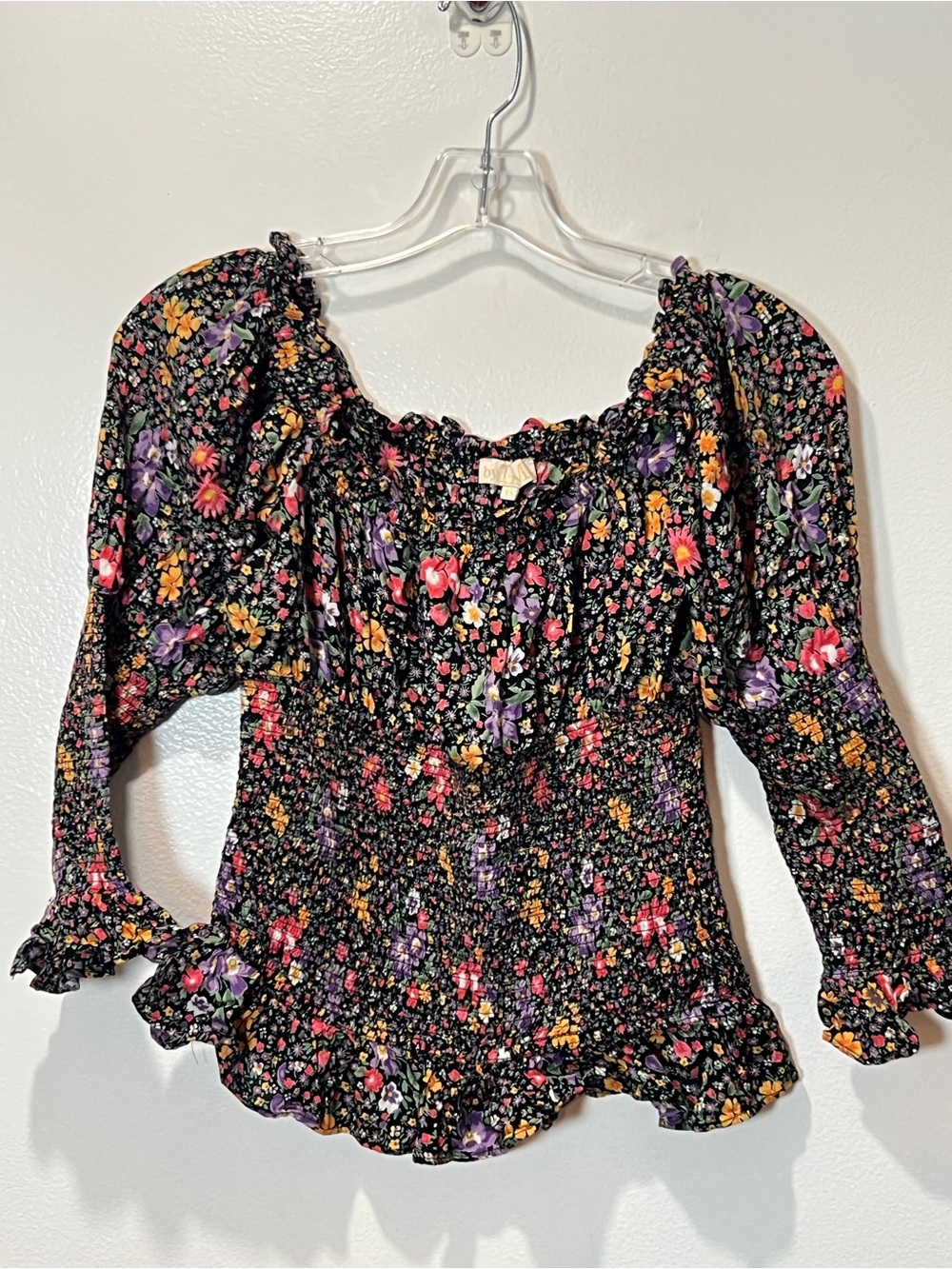 Smocked Floral Peasant Blouse in Black with Multicolor Blooms
